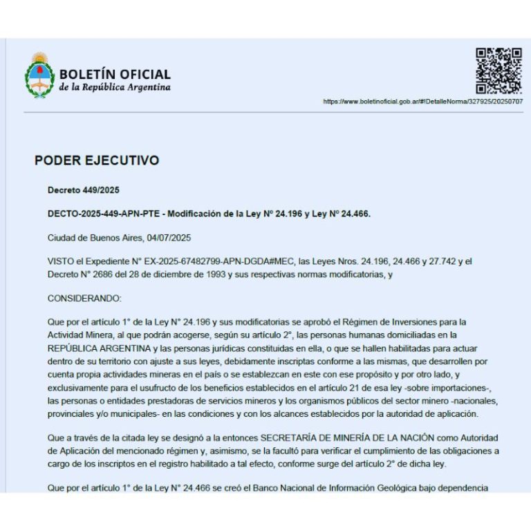 Argentina modifican ley inversiones mineras oro cobre litio